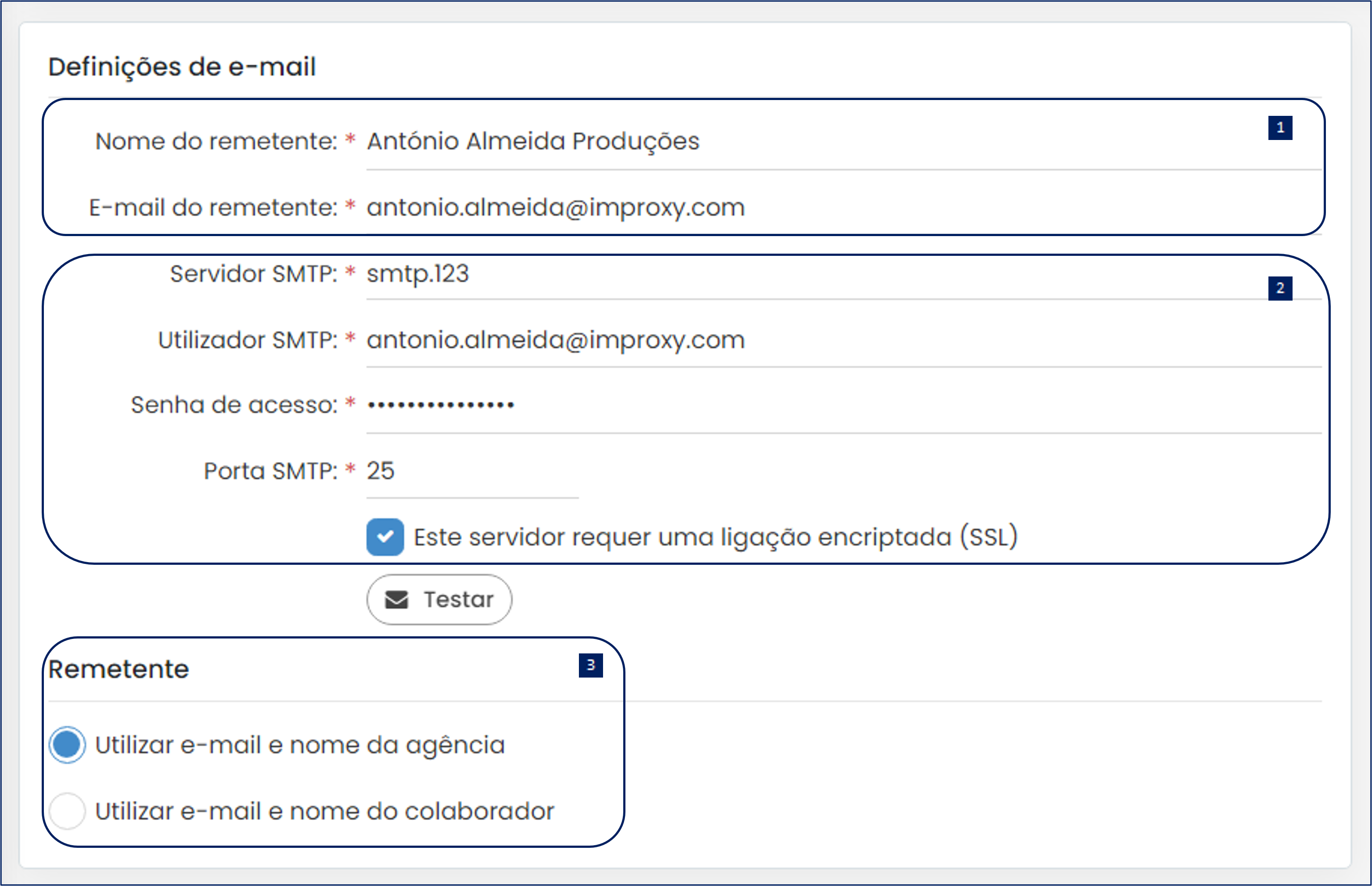 Configuração do email Suporte a Clientes